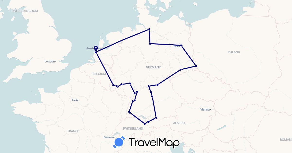 TravelMap itinerary: driving in Austria, Germany, Liechtenstein, Luxembourg, Netherlands (Europe)